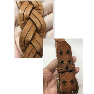 Unbranded Women Brown Braided Genuine Leather Belt Double Prong Grommet Size M